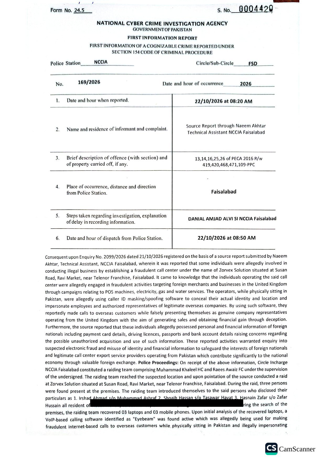 FIR No. 169/2026, NCCIA Faisalabad, Zorvex Solution, page 1 (personal details redacted)