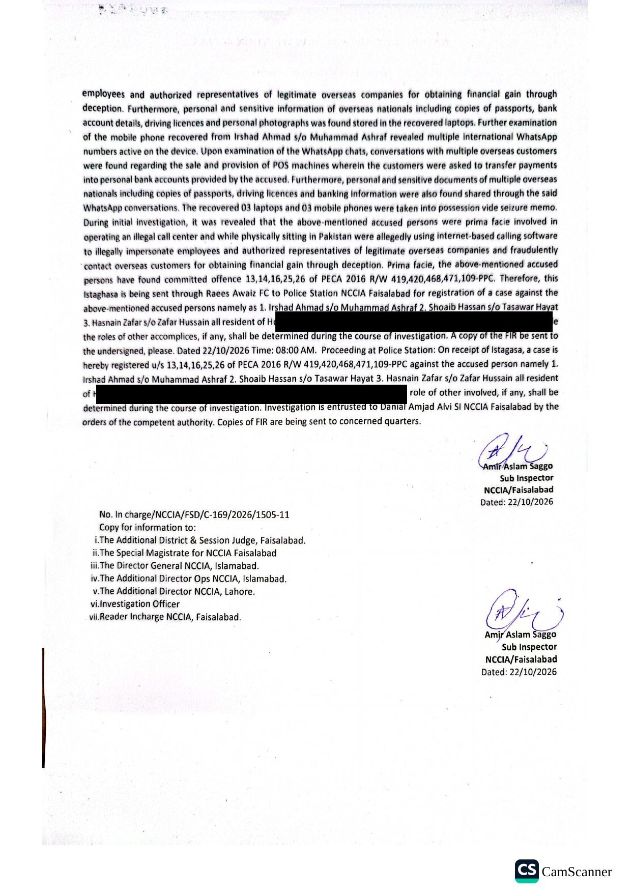 FIR No. 169/2026, NCCIA Faisalabad, Zorvex Solution, page 2 (personal details redacted)