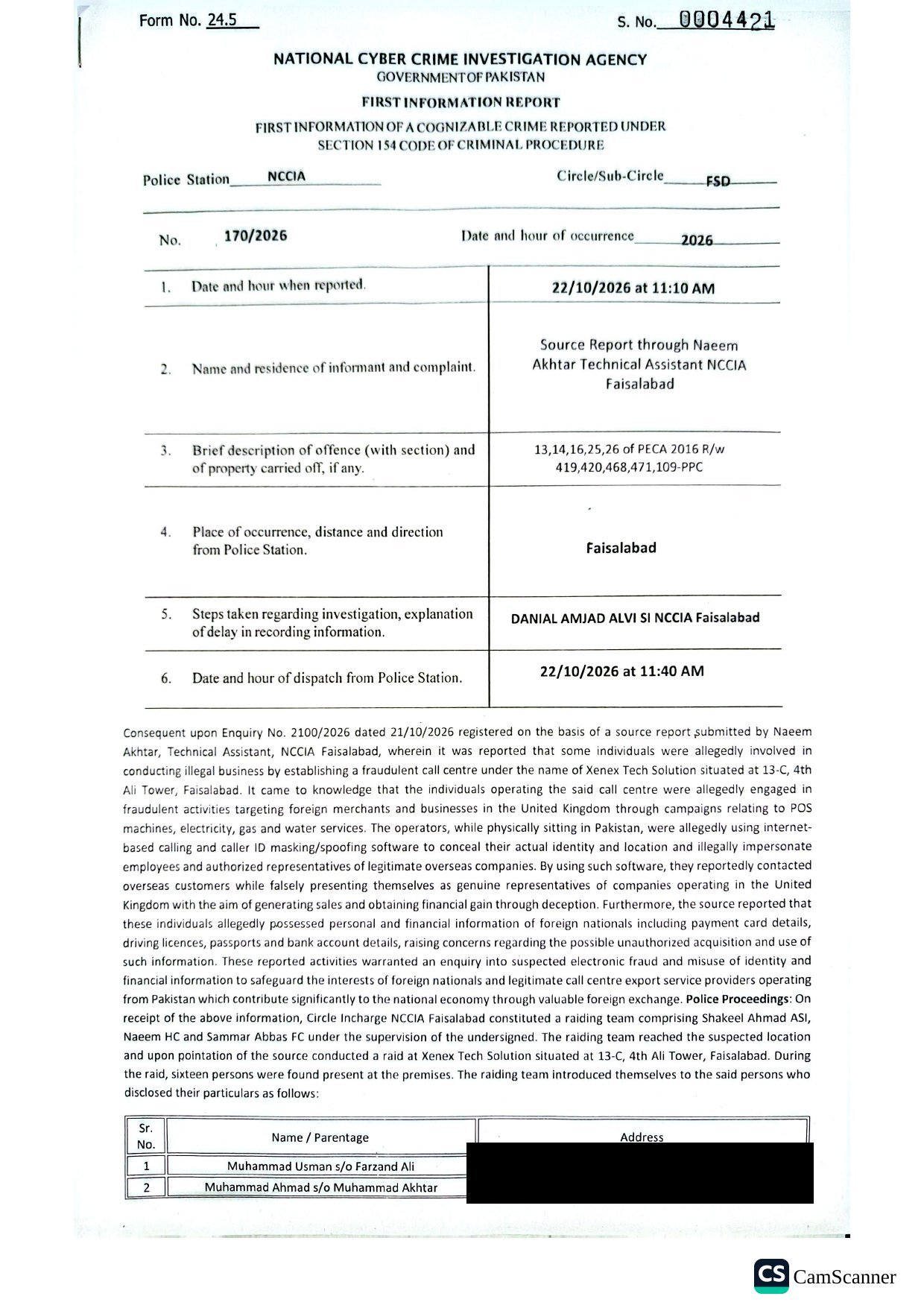 FIR No. 170/2026, NCCIA Faisalabad, Xenex Tech Solution, page 1 (personal details redacted)
