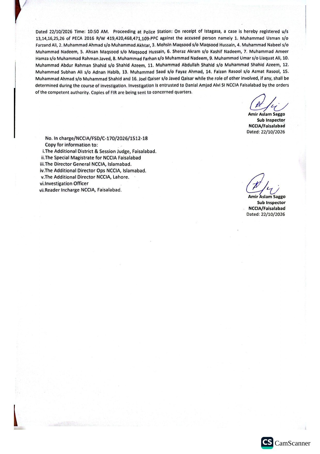 FIR No. 170/2026, NCCIA Faisalabad, Xenex Tech Solution, page 3 (personal details redacted)