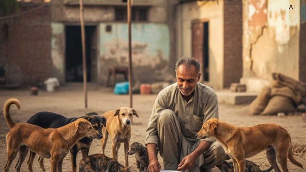 Local man feeding Faisalabad stray dogs and cats, showing compassion and care