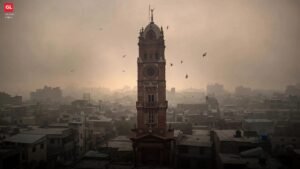 Faisalabad Clock Tower covered in thick smog