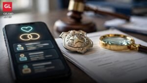 Smartphone with marriage app icons beside a police badge, magnifying glass and gavel
