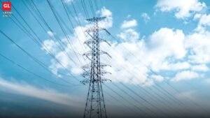 Electricity transmission tower and power lines