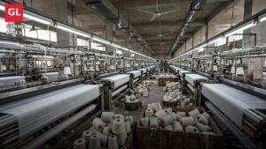 Rows of power looms and yarn cones inside a textile weaving mill