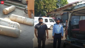 Faisalabad LPG crackdown: seized gas cylinders beside a checked passenger van.