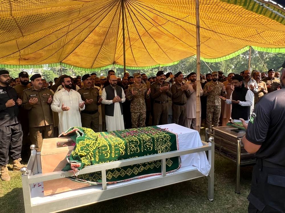 Funeral prayers of the martyred Elite Force personnel under way at Police Lines Jhelum