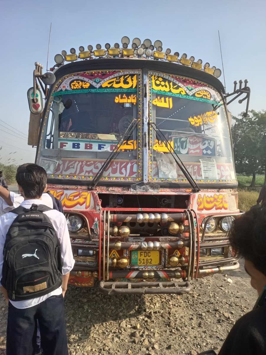 Front of the damaged bus at the Chak Jhumra accident site