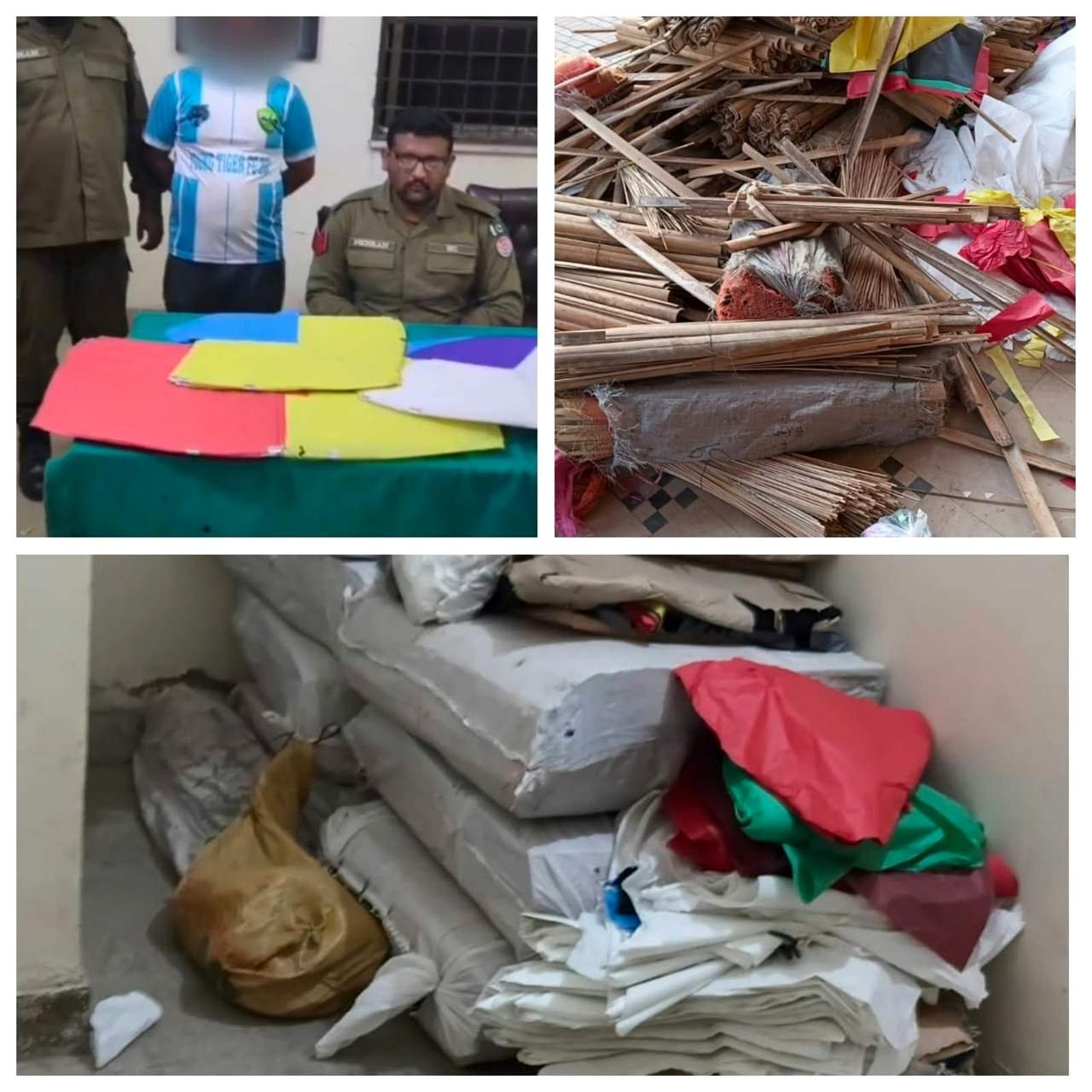 Accused with seized kites and kite-making material
