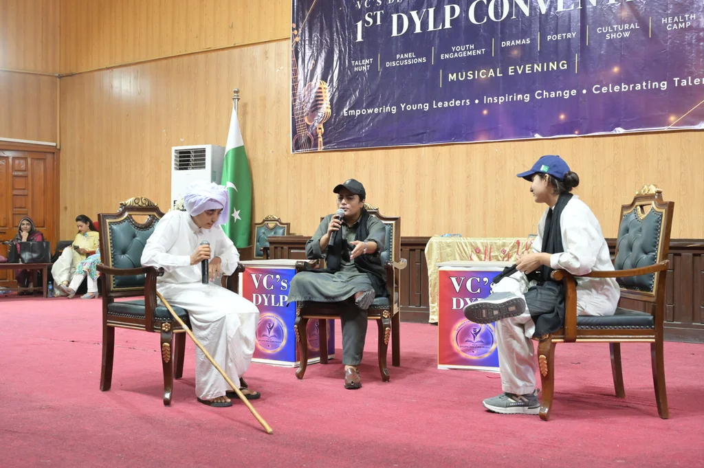 Students perform a drama during the first DYLP student convention at GCWUF Faisalabad.