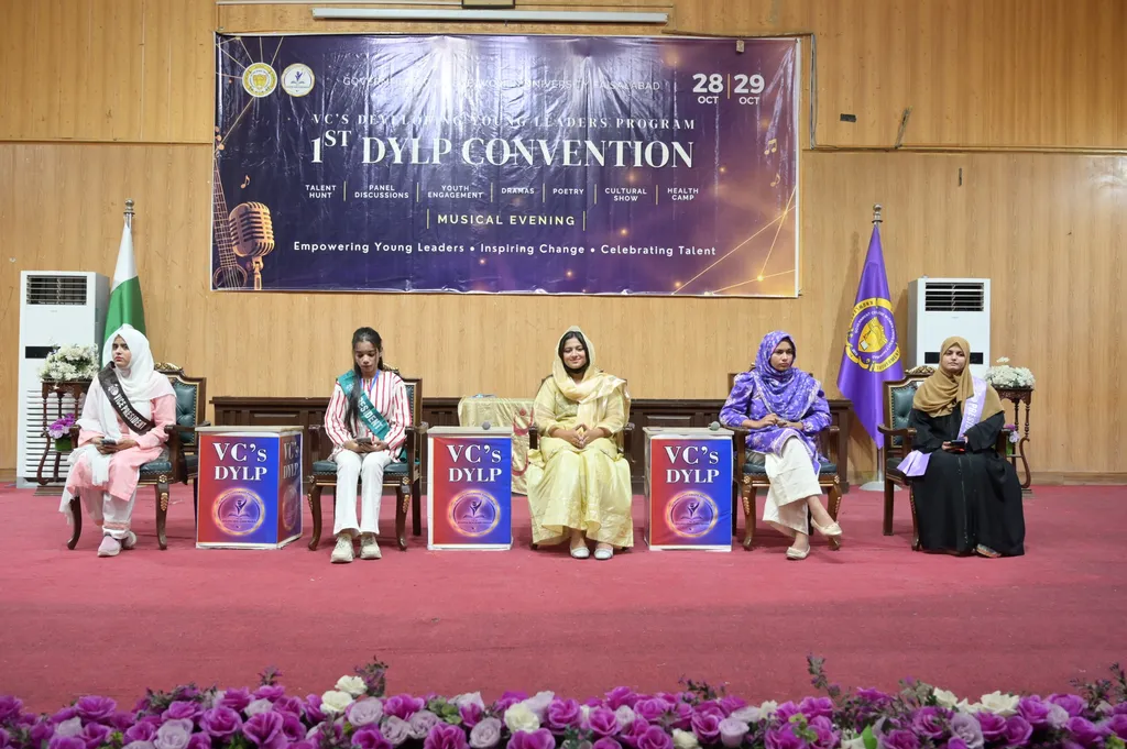 Students take part in a panel discussion at the GCWUF DYLP convention in Faisalabad.