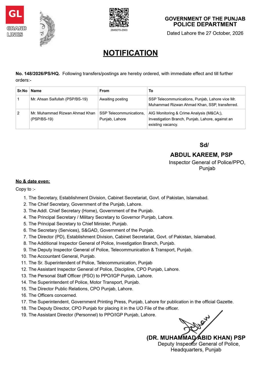 Punjab Police notification No. 148/2026/PS/HQ, dated 27 October 2026, transferring two senior officers