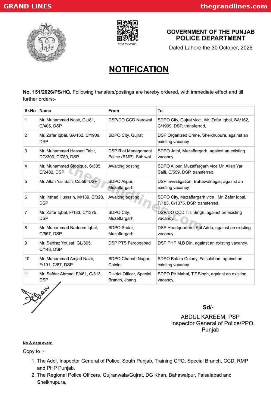 Punjab Police notification No. 151/2026 on transfers and postings of DSPs, page 1