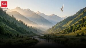 Symbolic image for Kashmir solidarity - mountain valley at dawn with a white dove