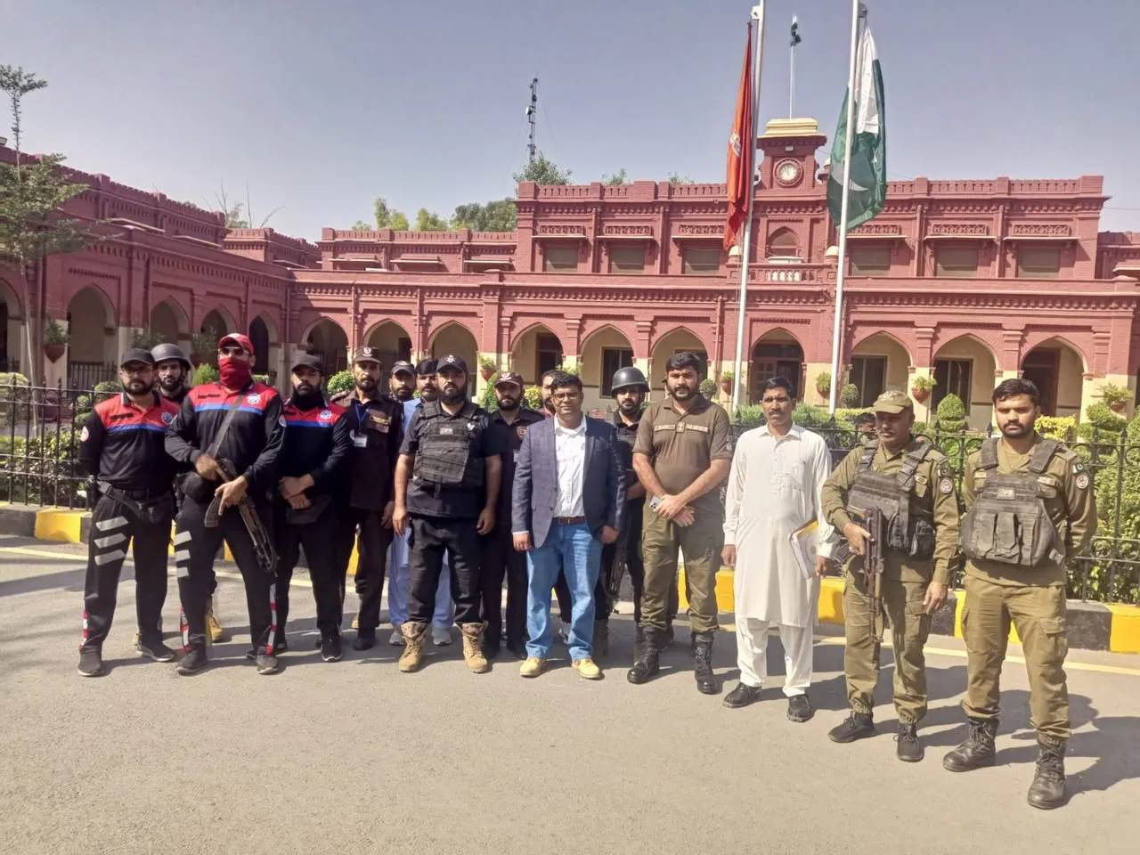 Security personnel gather at GC University Old Campus after a mock exercise in Faisalabad.