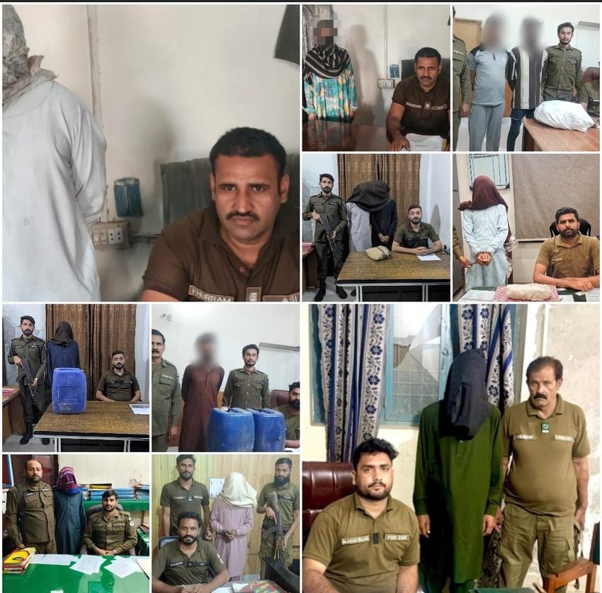 Police with arrested alleged drug sellers and recovered drugs