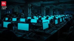 A call centre floor with rows of computers and operators wearing headsets