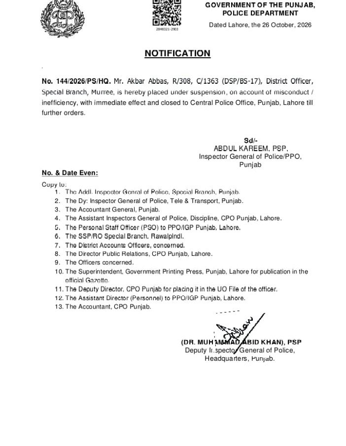 Suspension notification No. 144/2026/PS/HQ Punjab Police suspension notification No. 144/2026/PS/HQ