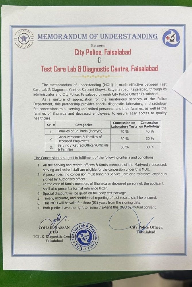 The memorandum of understanding shows the concession rates for police families
