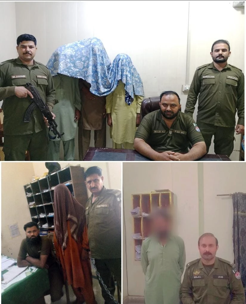 Arrested suspects presented by police at a Faisalabad police station.