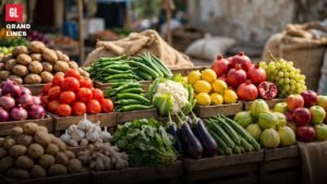 Fresh vegetables and fruits at a market stall in Faisalabad.