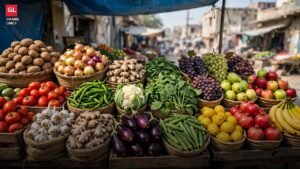 Fresh vegetables and fruits at a market stall in Faisalabad.